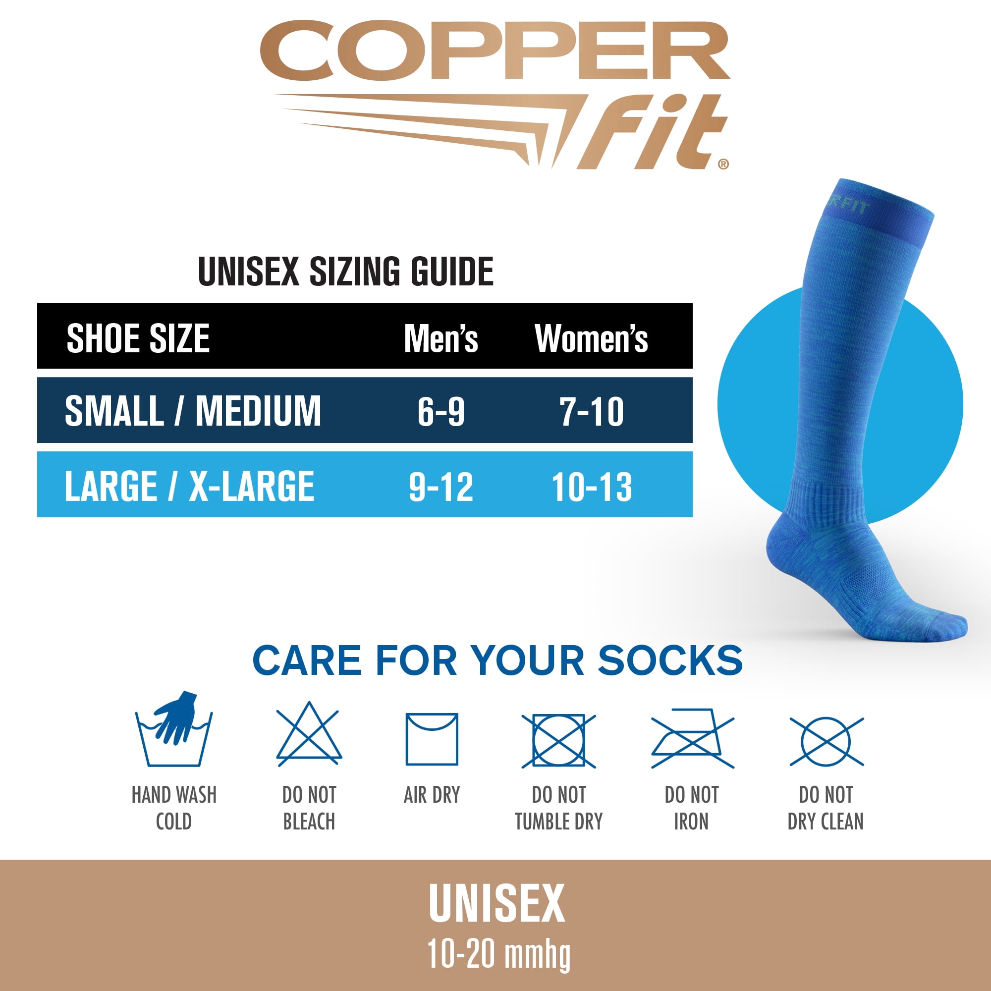 Copper Fit® Compression Socks, Copper Infused Easy-On/Off, 1-pair, Unisex, Heather Blue, L/XL