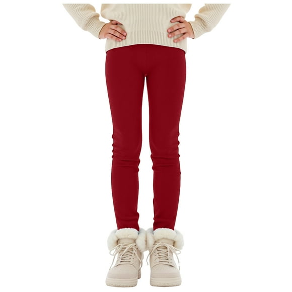 Zanarzt Girls' Fleece Lined Leggings Winter Girls Pants Comfortable Fleece Warm Bottoming Casual Fashion Solid Color Fleece Leggings Wine,11-12 Years
