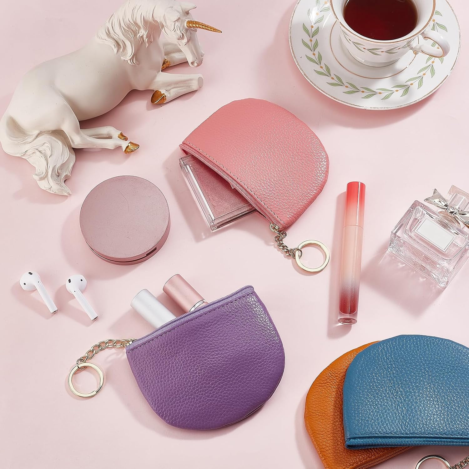 5Pcs 5 Colors Imitation Leather Coin Purse for Women Keychain Wallet with Alloy Split Key Ring Mixed Color 17.5cm 1pc/color