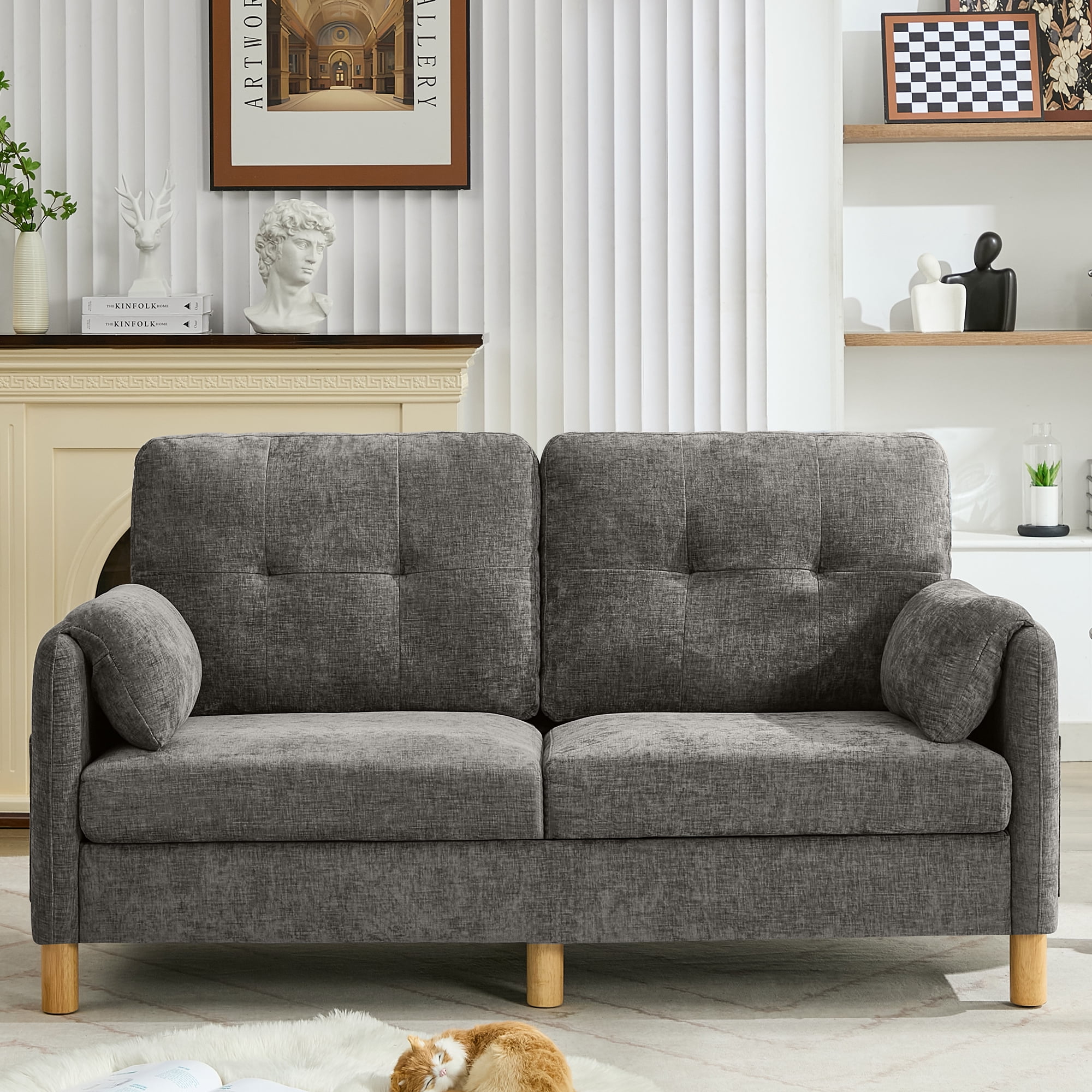 65" Chenille Loveseat Sofa, Modern 2-Seater with Armrest Pillows & Side Storage Pockets, Tufted Upholstered Loveseat for Living Room or Bedroom, Light Grey