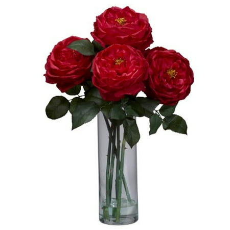 Nearly Natural Fancy Rose Silk Flower Arrangement with Cylinder Vase  Red Product Dimensions:18`` H x 12`` W x 12`` D Vase:3.5`` D x 3.5`` W Product Weight:2 lb. Flower Category:Floral Arrangements and Centerpieces Flower Species:Roses Flower Material:Iron Wire Resin Glass Flower Color:Reds Container Included:Yes Container Color:Clear Pieces Included:1 Floral Arrangement