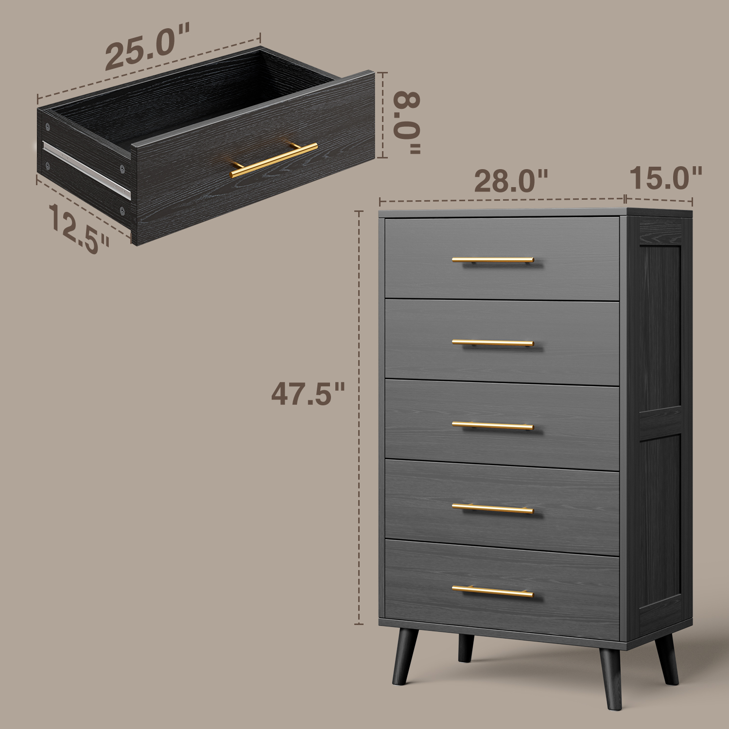 Lofka Modern Elegant Solid Wood 5 Drawers Dresser with Gold Metal ...