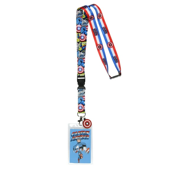 Marvel Captain America Lanyard Badge Holder Comic Scene and Shield Stripe reversible Design with 1" Rubber Shield Pendant