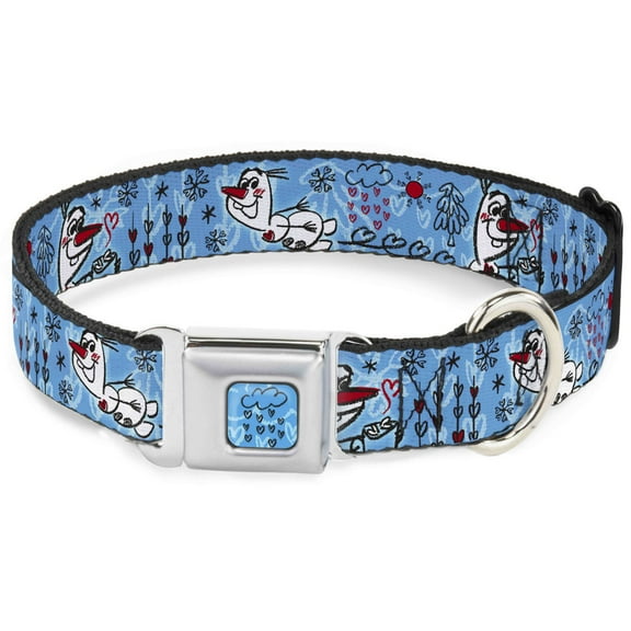 Disney Pet Collar, Dog Collar Metal Seatbelt Buckle, Olaf Heart Raindrop Sketch Blues Black, 9.5 to 13 Inches 1.0 Inch Wide