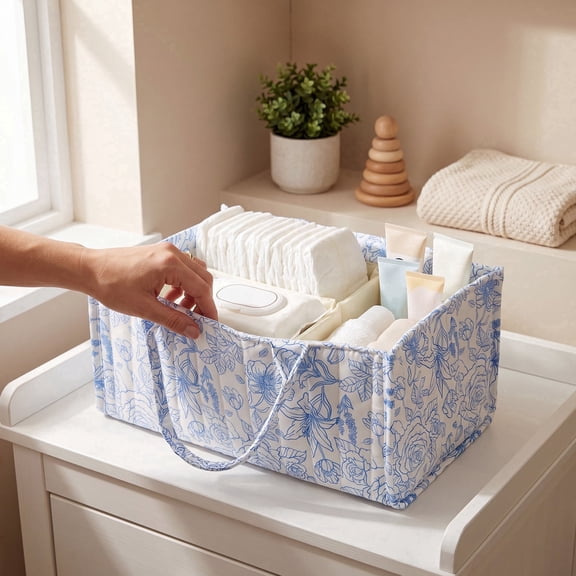 Diaper Caddy Organizer, Portable Baby Nursery Storage Basket with Removable Dividers for Newborn Essentials, Wipes & Toys, Cotton Blend, Blue