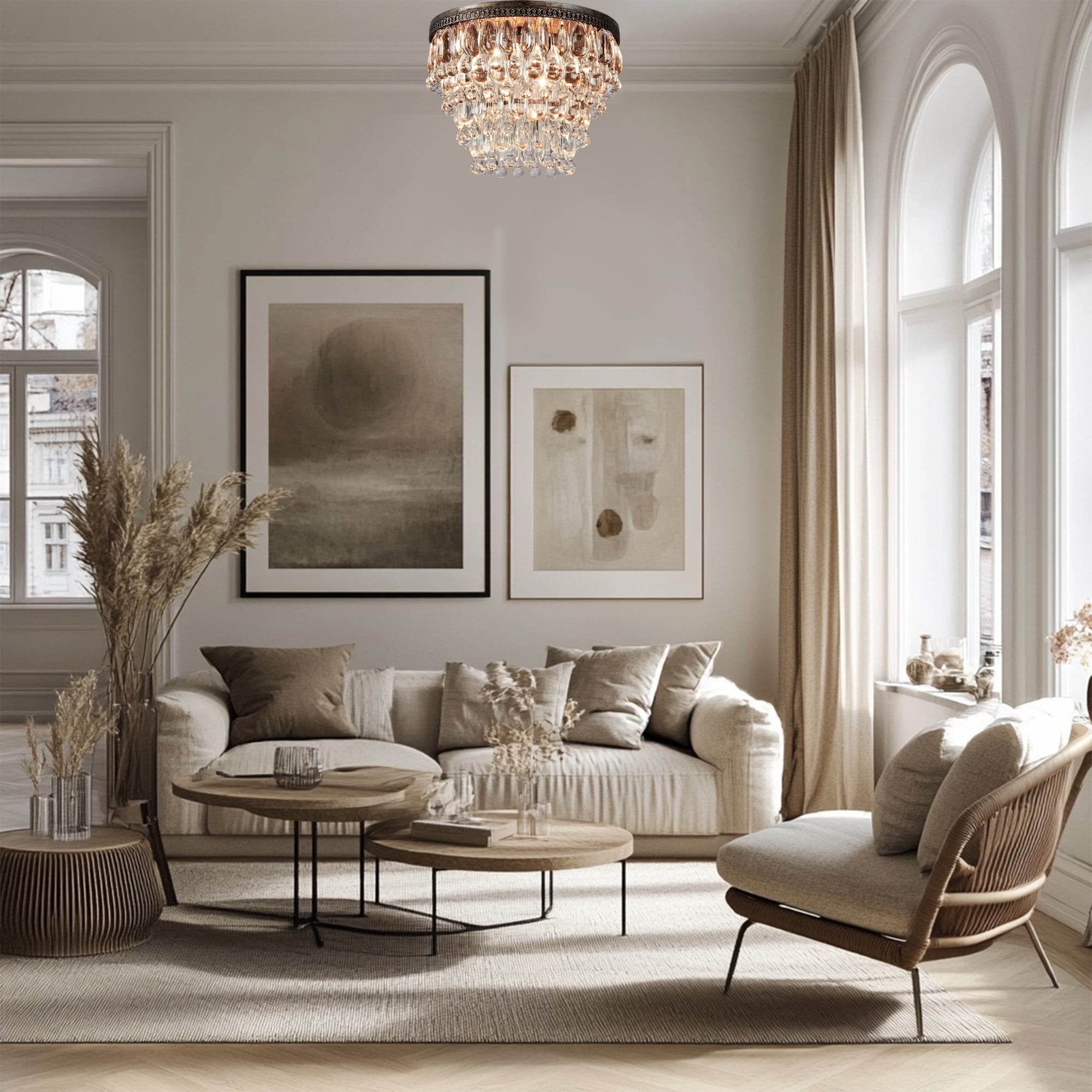 Vintage Antique Bronze Semi Flush Mount, 15 Inch Crystal Droplets Flush Mount Light, Unique Elegant Metal Close to Ceiling Light for Lving Room, Dining Room, Bedroom