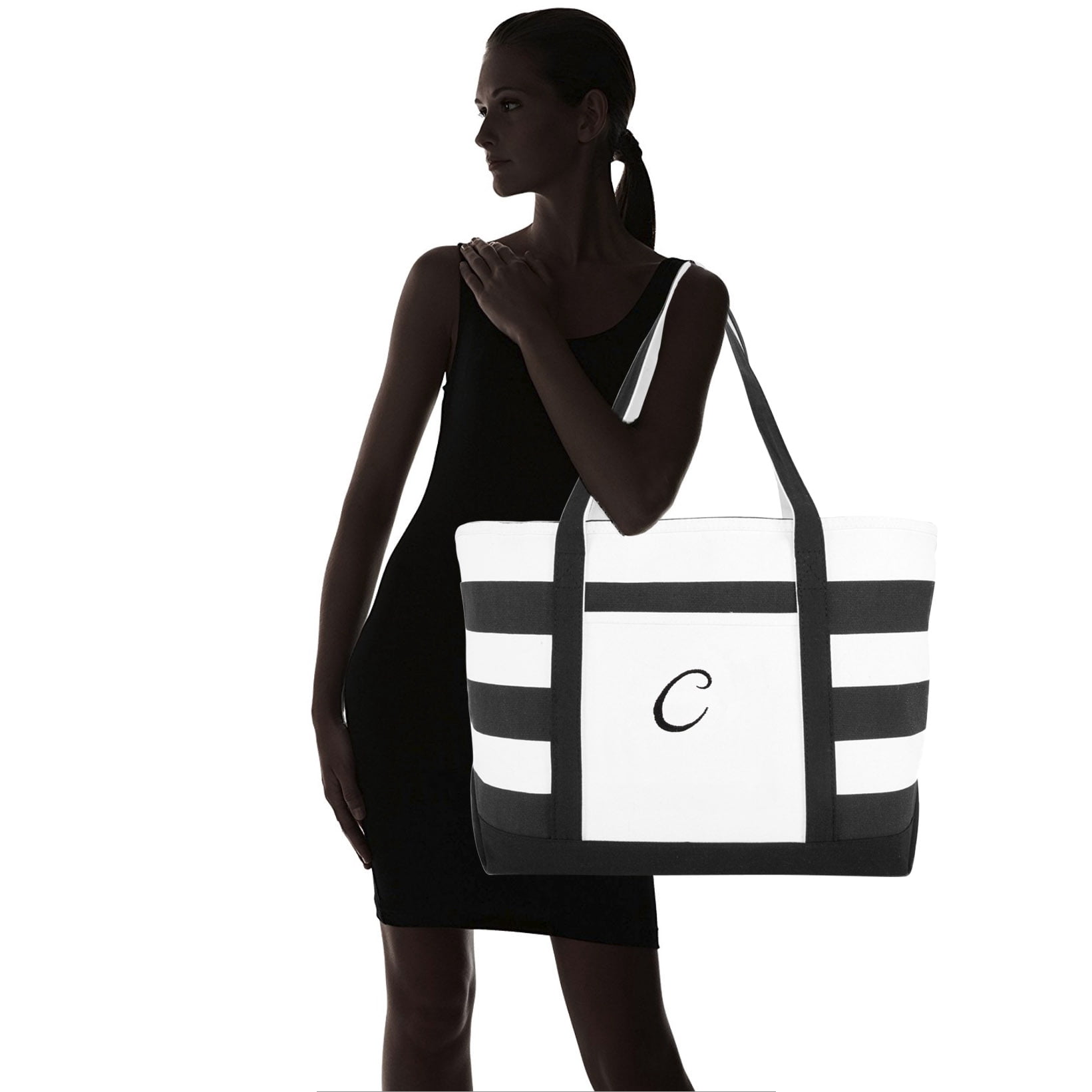 DALIX Striped Beach Bag Tote Bags Handbag Personalized Black Ballent Letter C