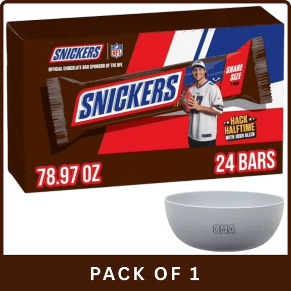 SNICKERS Milk Chocolate Candy Bars – Share Size (3.29 oz, 24-Pack)- With Olive White Bowl By OMA