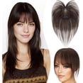 thumbnail image 1 of Yanonmyfd 11 Inches Human Hair Topper, with Hand-Tied Lace Base, 3.54"x4.72" Breathable Base for Adding Volume, Length & Coverage, with Front Bangs, Medium Brown, 1 of 34