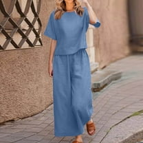 BLTIBY 2 Piece Sets for Women Summer Solid Color Loose Short Sleeve Round Neck Shirts Wide Leg Pants Matching Set Vacation Outfits 2025 Sky Blue XXL