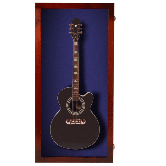 PENNZONI Acoustic Guitar Display Case, Clear Acrylic & Hardwood Cabinet, Extra Large, Cherry w/ Blue Felt