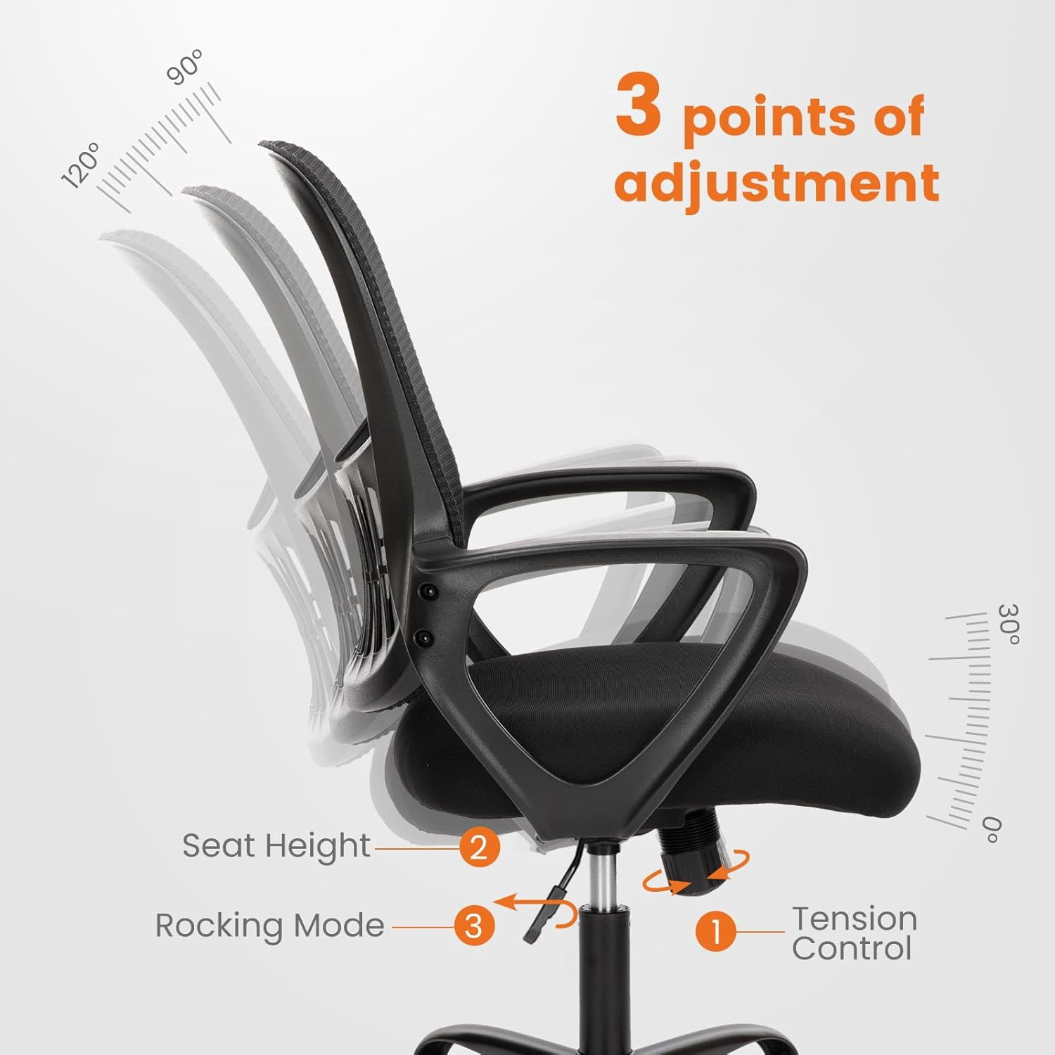 Atilioo Ergonomic Office Chair, Comfy Desk Chair with Adjustable Height & Lumbar Support, Mesh Swivel Rolling Computer Chair with Armrests for Adults, Black