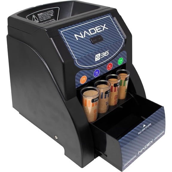 Nadex 36S Automatic Coin Sorter – Sorts up to 200 Coins/Minute | Fast, Hands-Free Sorting with Overflow Tray & Denomination Tubes – Black