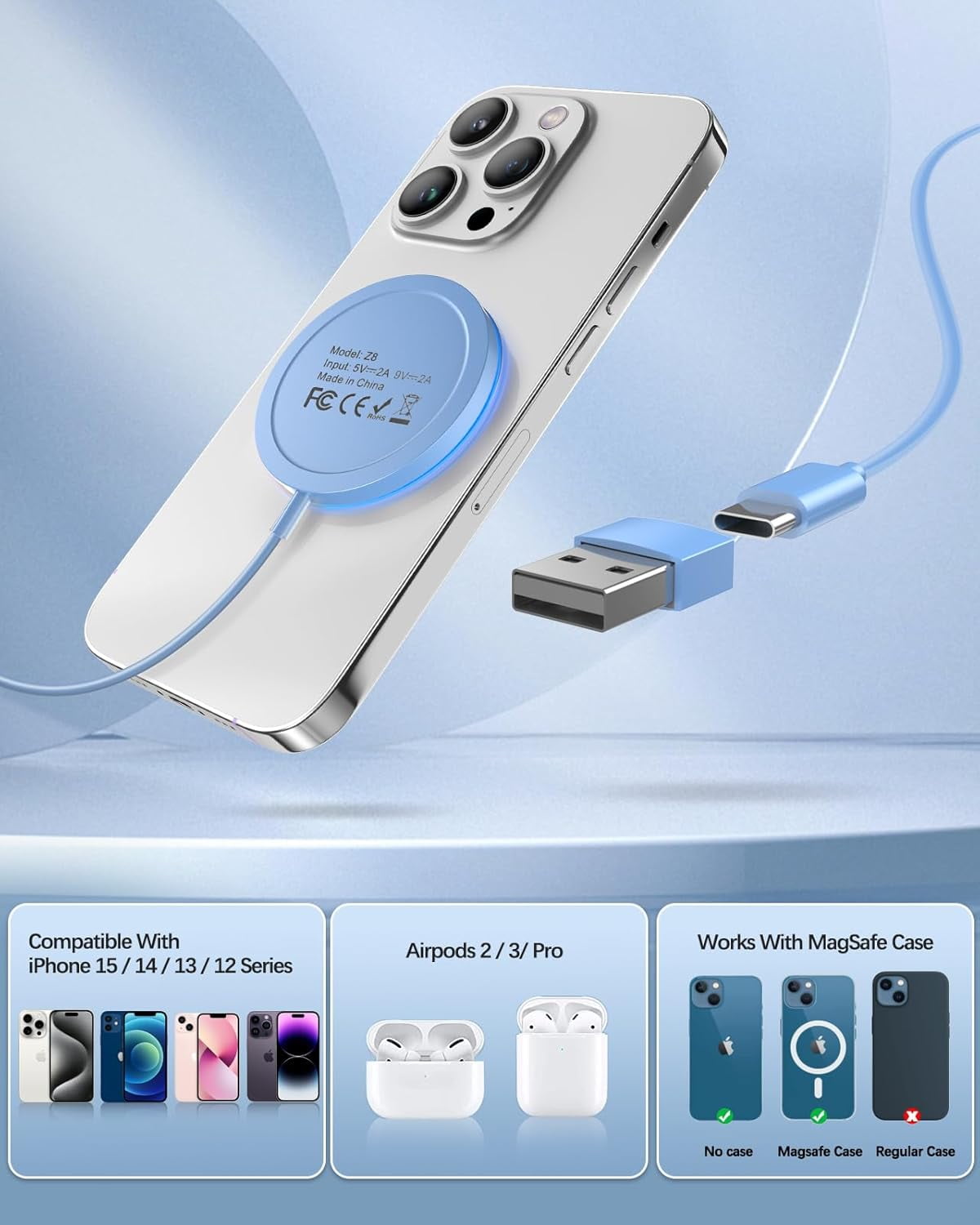 Wtuhu Magnetic Wireless Charger 15W Fast Mag-Safe Charging Pad for iPhone 17/ 16/15 /14/13/12 Series AirPods 3/2/Pro/Pro 2, Blue