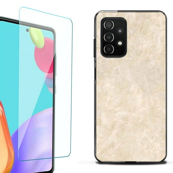Slim-Fit Flexible TPU Gel Phone Case (black) for Samsung Galaxy A52 5G, with Tempered Glass Screen Protector, by OneToughShield ® - Marble / Latte