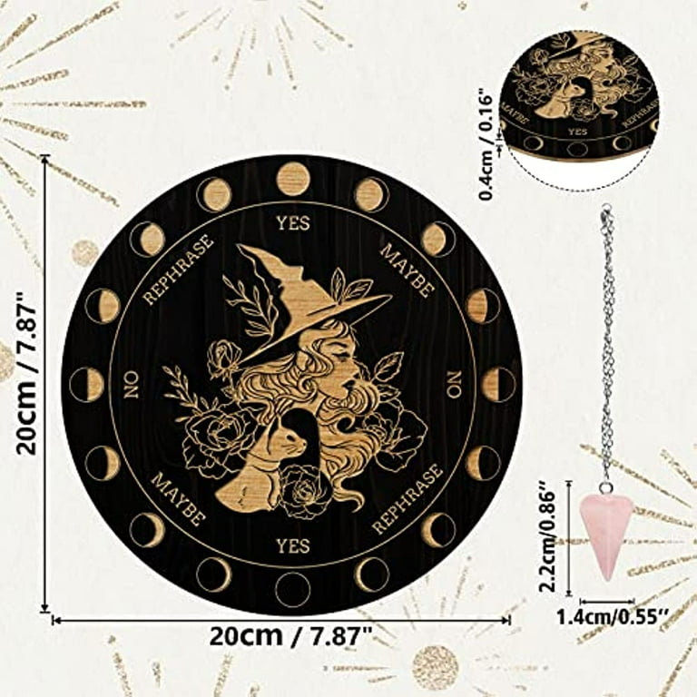 ANAHDMAKER 7.8 Tavola Del Pendolo Della Strega, Planchette Da Rabdomante In Legno con Pendoli Rabdomantici In Cristallo di Quarzo Rosa Strumenti di Divinazione per Stregoneria - Esagramma Sole Luna