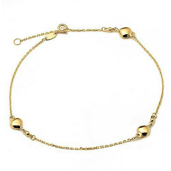 LOVEBLING 10K Yellow Gold .50mm Diamond Cut Rolo Chain with 3 Puff Heart pendants Anklet Adjustable 9" to 10" (#4)