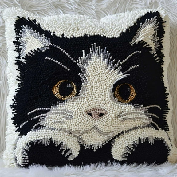 Latch Hook Kits For Adults Beginners Black And White Cat 17X17 In Diy Crochet Pillow Kit Pre-Printed Pillowcase Hook And Latch Rug Kits Needlework Cushion Cover For Home Sofa Decoration