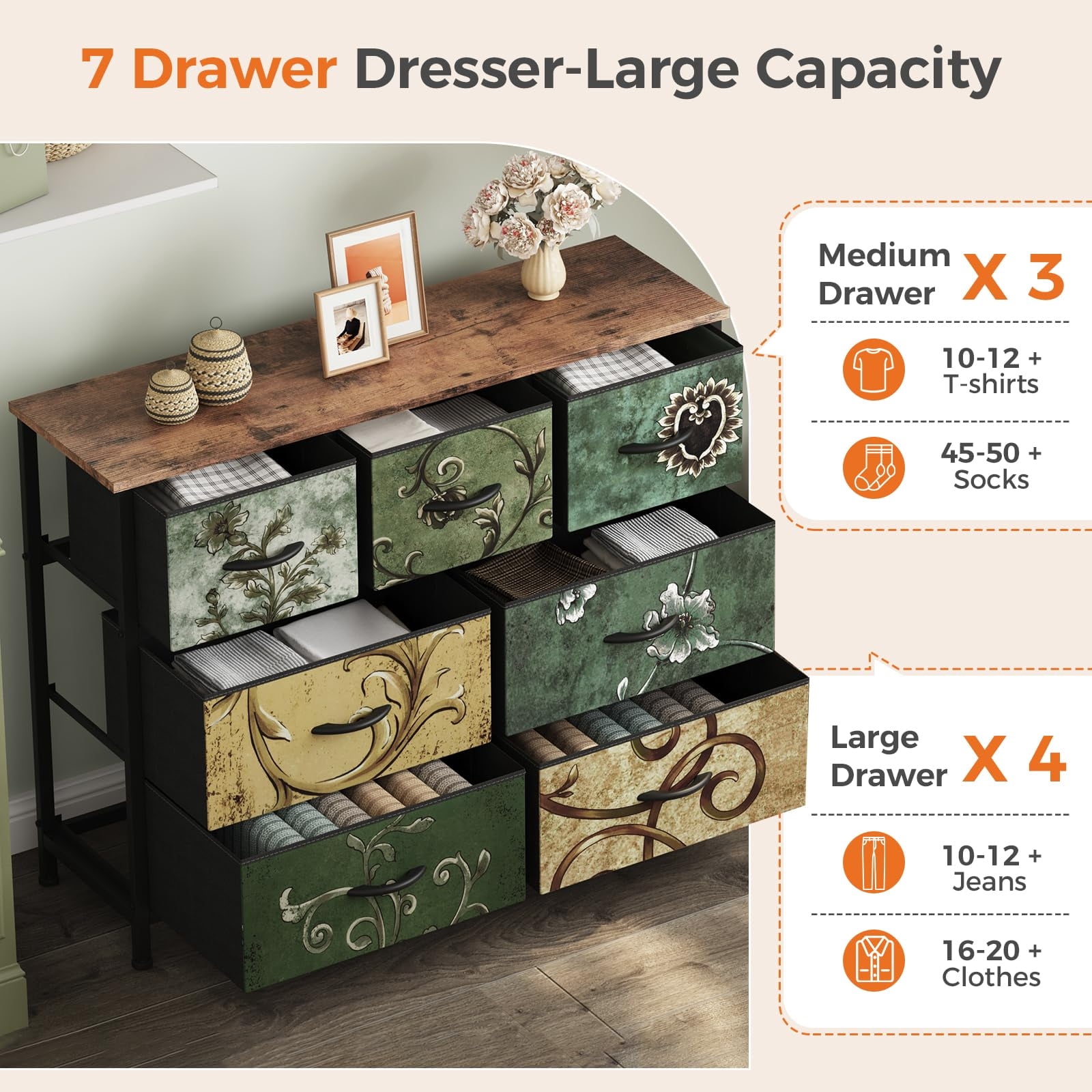 Telyra 7-Drawer Fabric Dresser TV Stand Organizer with Wood Top and Metal Frame Wide Storage Chest, Floral Painted