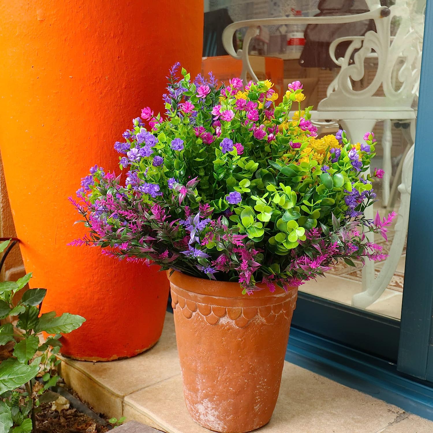 10 Bundles Artificial Fake Flowers Outdoor, 6 Styles UV Resistant No Fade Faux Plastic Greenery Shrubs Plants for Hanging Garden Porch Window Box Farmhouse Outside Decoration
