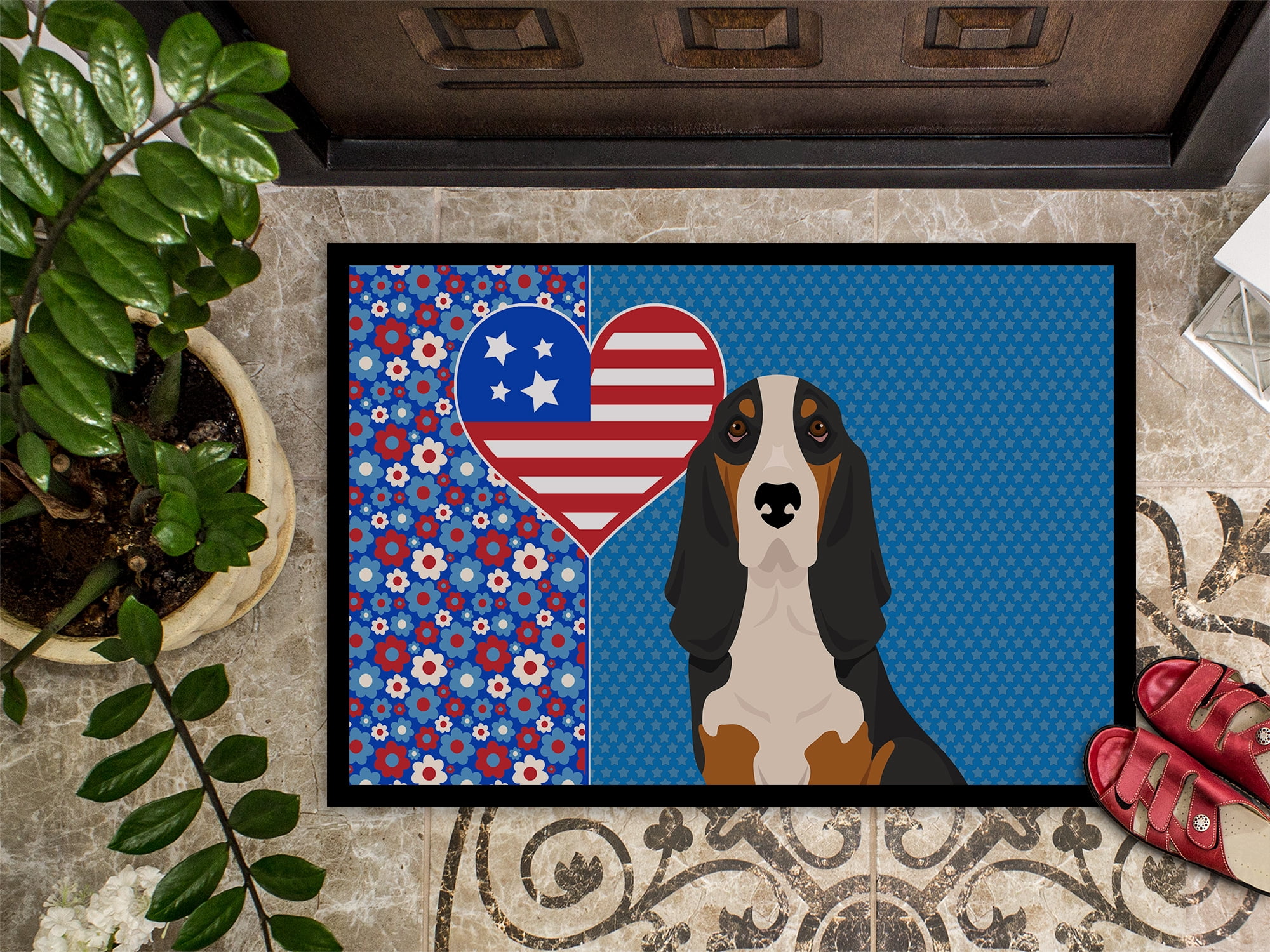 Black Tricolor Basset Hound Indoor or Outdoor Mat 24x36 36 in x 24 in