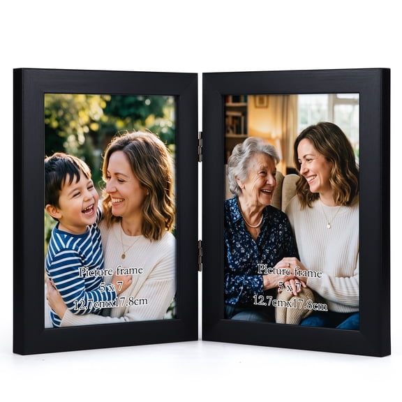 5x7 Double Picture Frame, Black Hinged Folding Frame for Tabletop Standing, Gift for Father 's Day or Wedding