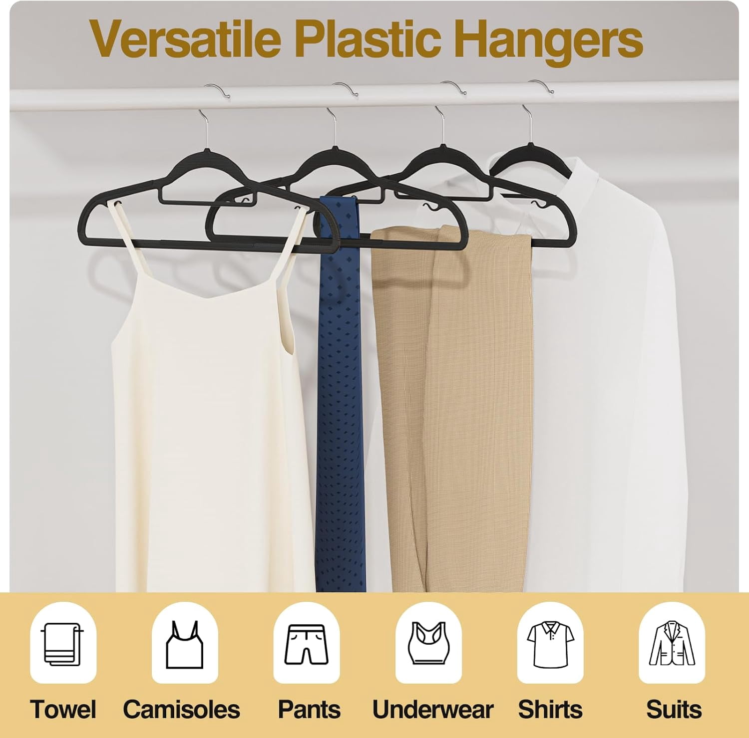 UEAKPIC Plastic Hangers 50 Pack, Heavy Duty Clothes Hangers with 360° Swivel Hook, Non-Slip, Space-Saving, Black