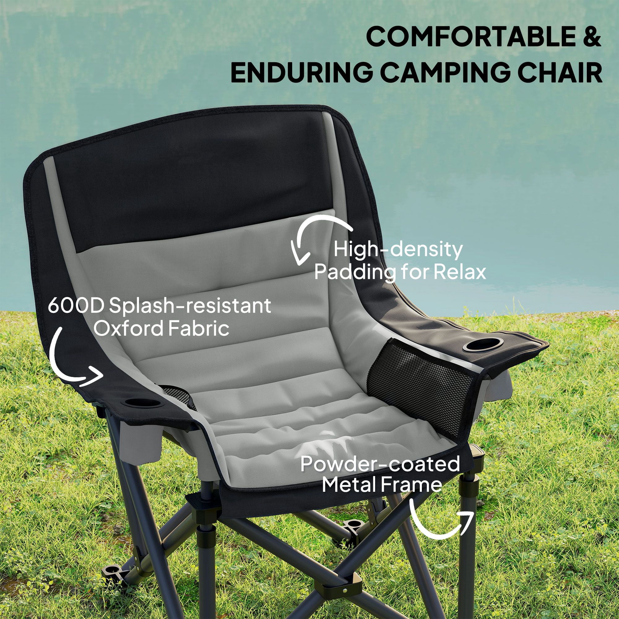 Padded Folding Camping Chair with Side Pockets & 2 Cup Holders, 600D Oxford Heavy Duty Metal Frame Portable Lawn Fishing Chair 265lbs Capacity with Carry Bag