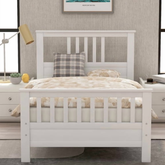 Dtwnek Wood Platform Bed with Headboard and Footboard, White