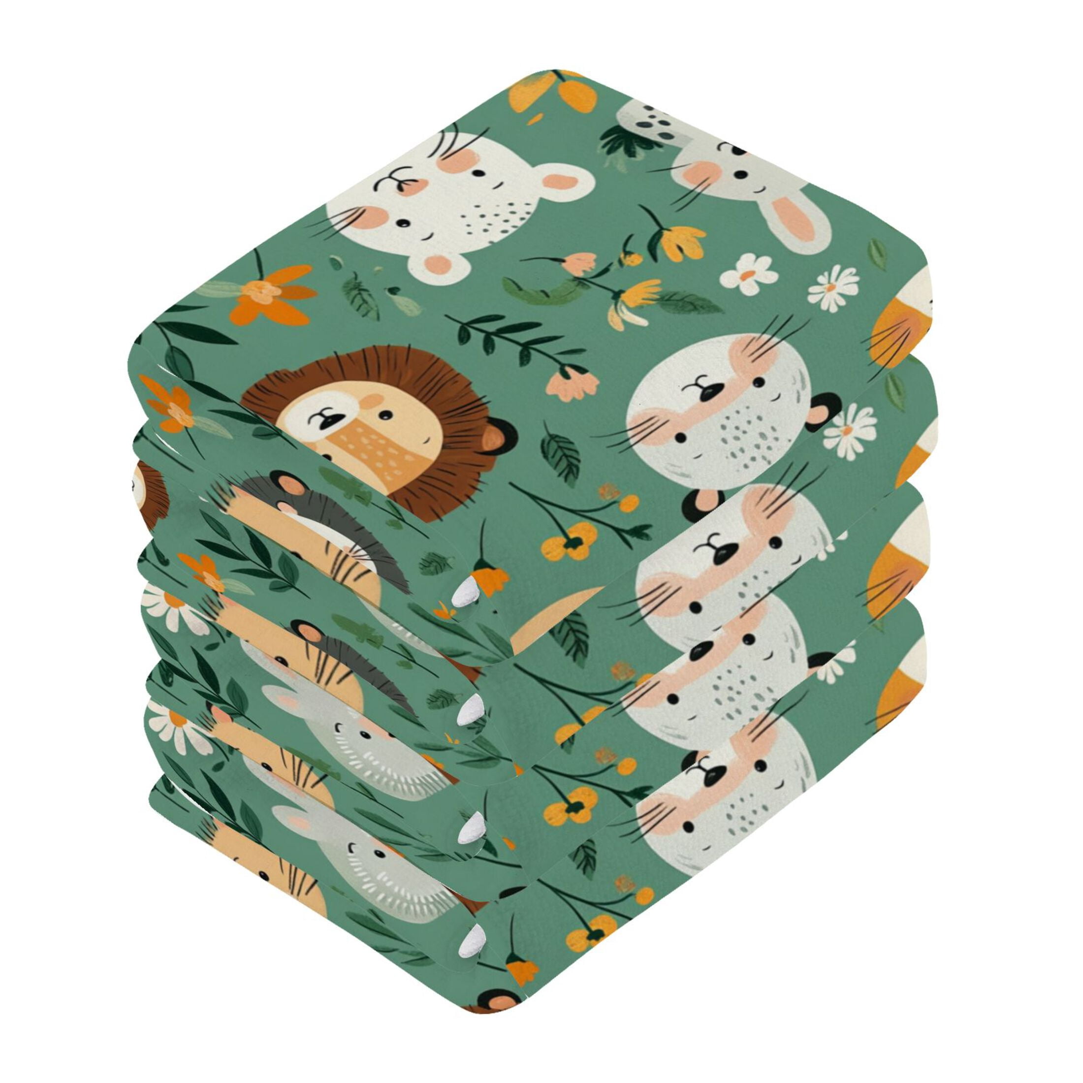 Wobogo Cute Animal Faces in A Seamless Jungle Pattern Square Cotton Towel Set of 6 Soft and Skin-friendly with Good Absorbency 12×12in