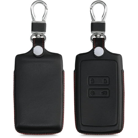 Coque Compatible avec Renault Smart Key 4-Bouton (Keyless Go Uniquement) -  Noir-Rouge- Coque de clé de Voiture en Cuir véritable avec Anneau Porte-clés