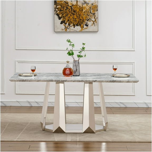 JERFIT 70 inch Modern Faux Marble Dining Table with Stainless Steel Base, Rectangular Kitchen Table for 6 Seater, Silver Grey Finish