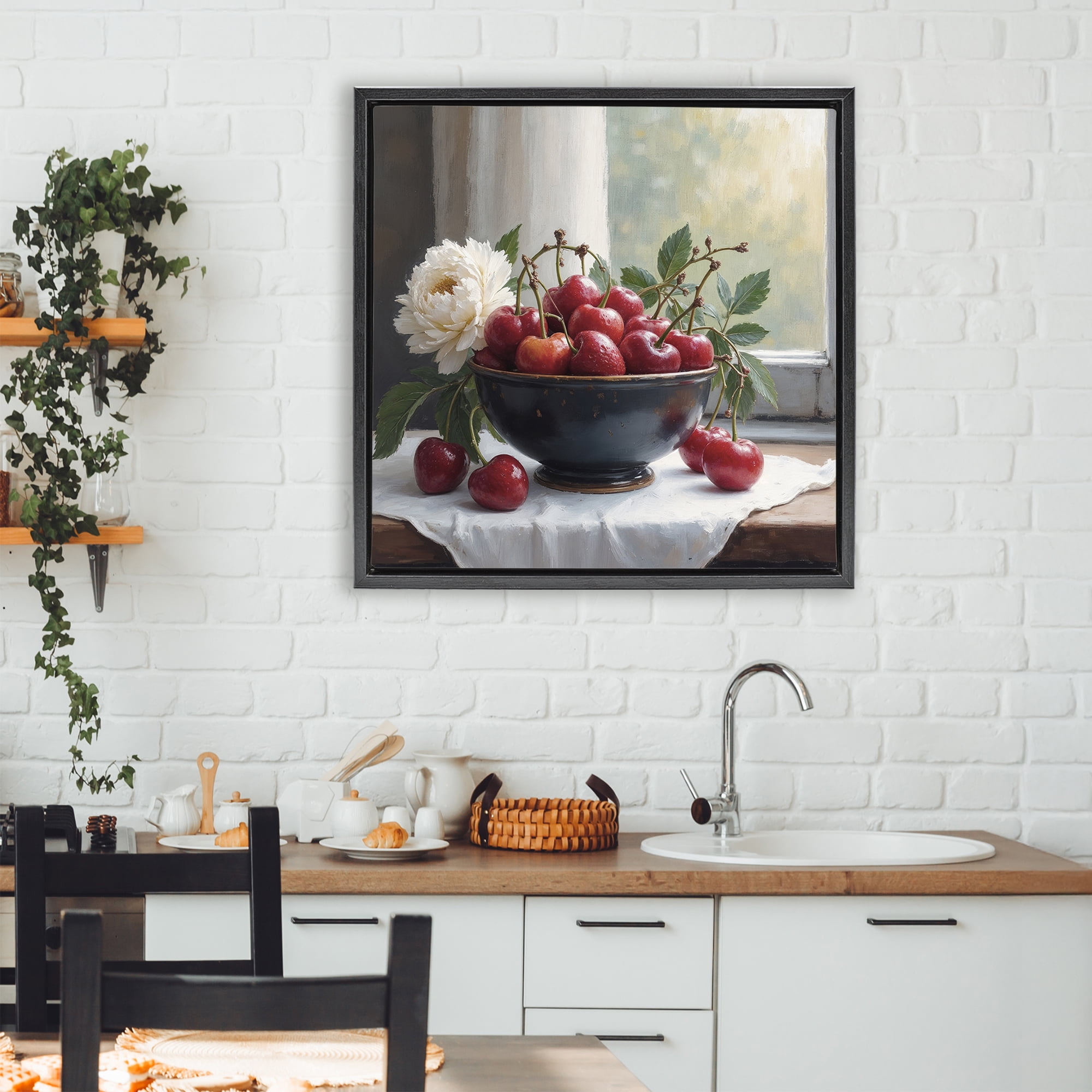 Cherry & Blossom Still Life Black Framed Floater Canvas Wall Art, design by Lettered and Lined