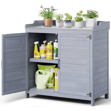 Outdoor Potting Bench with Metal Tabletop, Outdoor Garden Patio Wooden Storage Cabinet with Adjustable Shelf, Double Doors Garden Work Bench for Backyard, Patio, Lawn - Grey