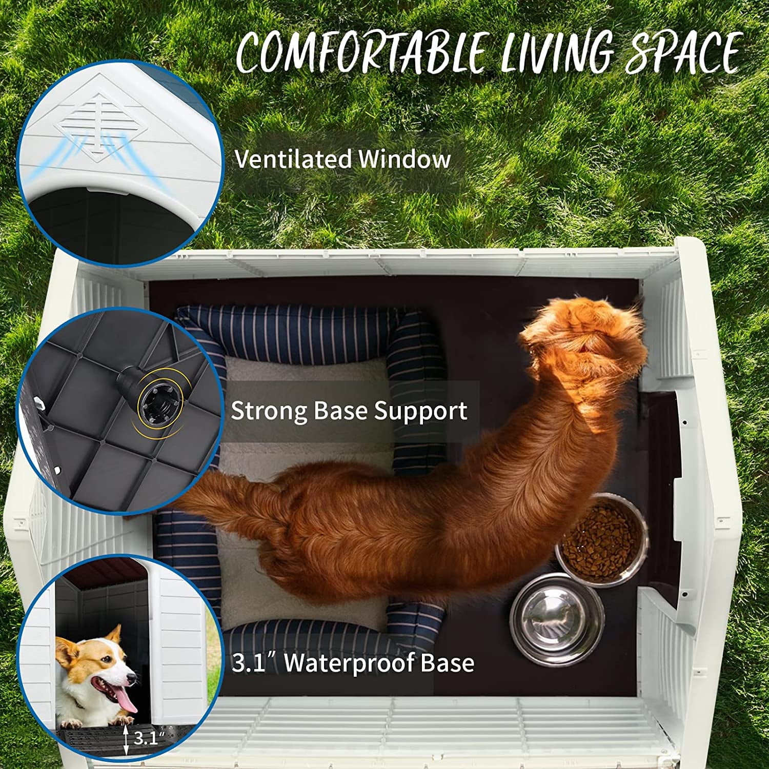 Waleaf Durable Waterproof Plastic Dog House for Small to Large Sized Dogs, Indoor Outdoor Doghouse with Elevated Floor