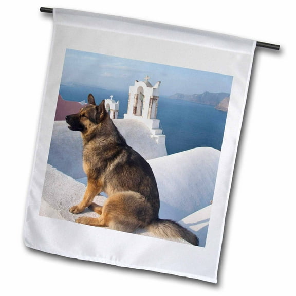 3dRose, Greece, Santorini, Oia, dog, blue domed churches - EU12 DGU0356 - Darrell Gulin, 12 x 18 inch Garden Flag