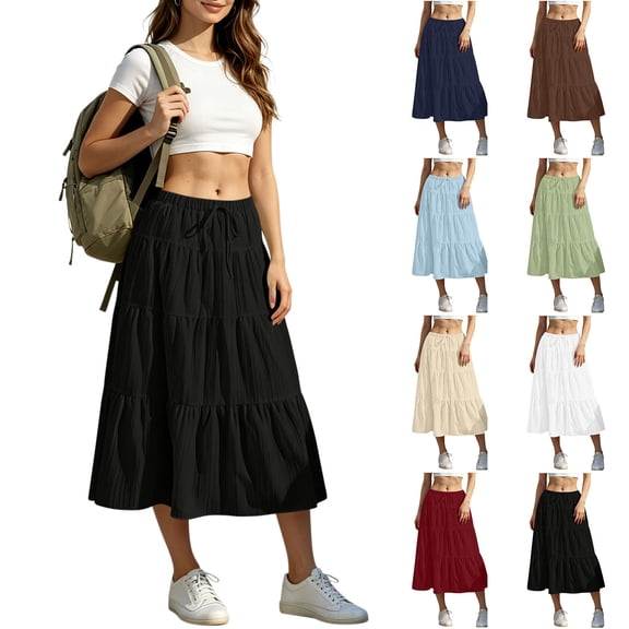 Smsaxvxz Women's Boho Maxi Skirts 2026 Summer Smocked Tiered A Line Long Flowy Beach Vacation Skirt with Pockets Black S