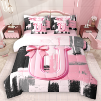 Manfei Black Pink Ombre Twin Bedding Sets 7pcs for Girls, Bow Knot Monogrammed Bedding Comforter Set, Personalized Letter U Sheet Sets, Breathable Home Decor