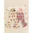 thumbnail image 3 of Suagox Toddler Girl Pants Outfit Letter Print Short Sleeves Tops with Bee Pattern Bell Bottom Trousers Set for 6-24 Months and 2-4 Years Old Girls, 3 of 10