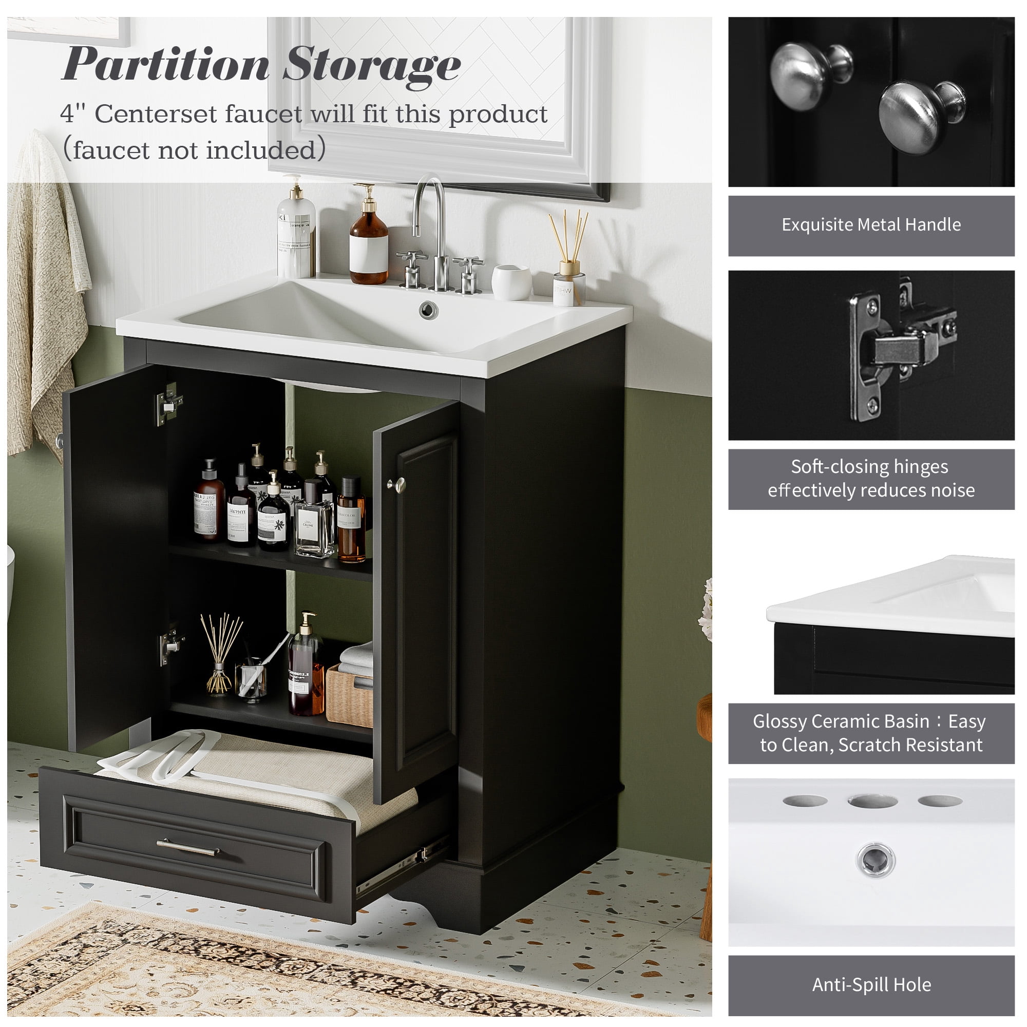 Euroco 24" Bathroom Vanity with Sink, Modern Bathroom Cabinet with Ceramic Basin & Adjustable Storage, Solid Wood Frame Vanity