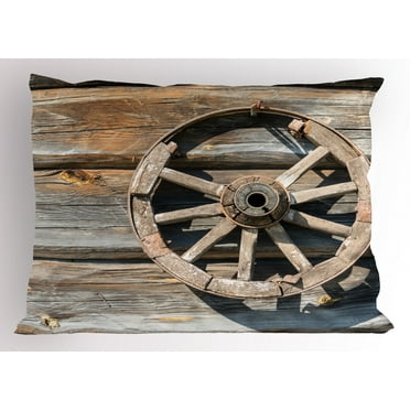 Barn Wood Wagon Wheel Pillow Sham Old Log Wall with Cartwheel Telega Rural Countryside Themed Image, Decorative Standard Size Printed Pillowcase, 26 X 20 Inches, Umber Beige, by Ambesonne