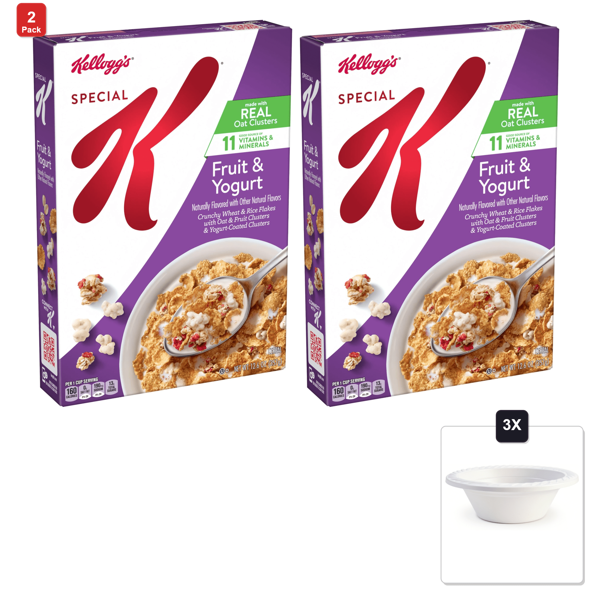 2 Pack | Kelloggs Special K Breakfast Cereal, Fruit And Yogurt, 12.6 oz & 3x 12oz Disposable Plastic Bowl