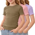 thumbnail image 3 of KyCheLot 3 Pack Ribbed Knit Tops for Girls Crew Neck Solid Color Short Sleeve T-Shirts Trendy Ruffle Trim T-Shirts, 3 of 5