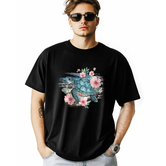 Men's T-Shirt Turquoise Sea Turtle Pink Flowers Short Sleeve Casual Tee Classic Crew Neck T-Shirt for Men, XL