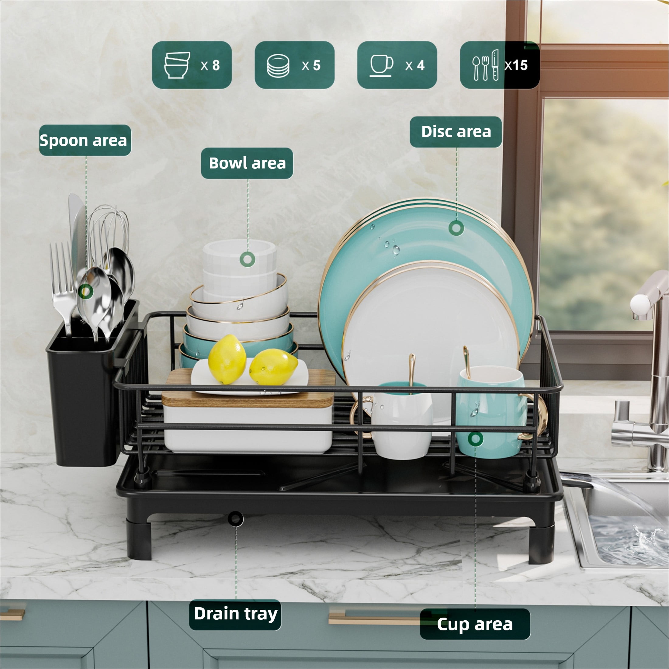 Multifunctional Kitchen Dish Drainer Rack, Countertop Cabinet Organizer with Drying Tray for Bowls, Plates and Utensils