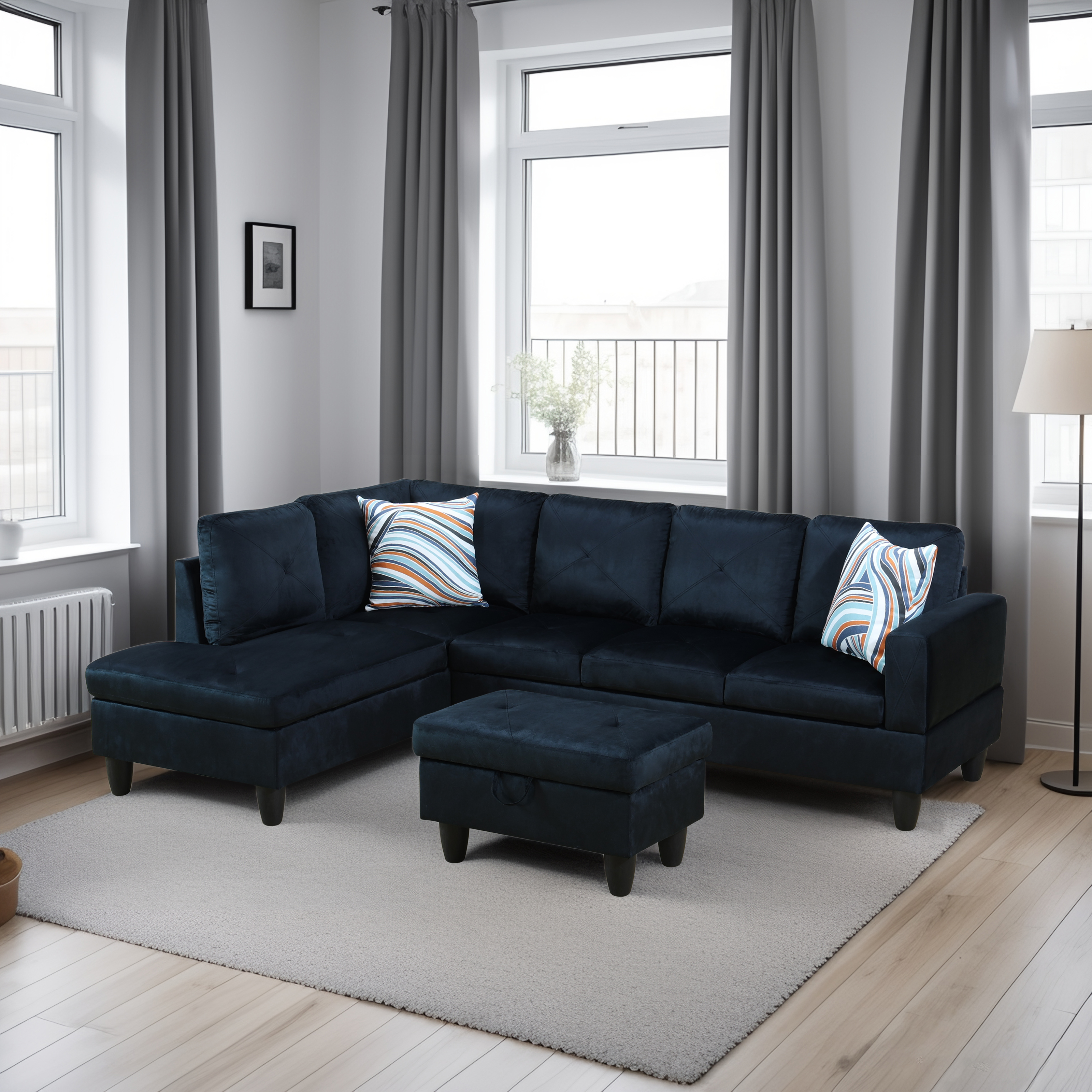 Prilinex Modern Living Room Furniture Sets, Modular Sectional Couches with Chaise Lounge, 4-Seaters L Shape Sofa with Storage Ottoman,3-Piece Sofa Set, Microfiber, Midnight Blue