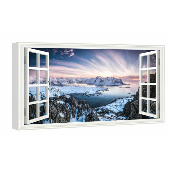 Window View of Lofoten Norway Canvs Art Fake Open Window Wall Art Snow Mountain Framed Painting For Livingroom Office Bedroom Ready to Hang