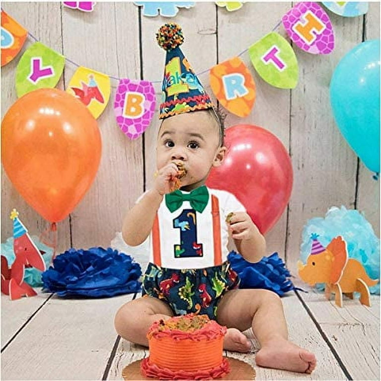 Baby Boy Dinosaur Theme 1st Birthday Cake Smash Outfit Romper Suspenders Shorts 3pcs Set