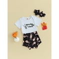 thumbnail image 2 of Newborn Baby Girl Halloween Outfit Spooky Vibes Short Sleeve Romper +Ghost Skull Shorts +Headband Set Infant Fall Cute Clothes, 2 of 7