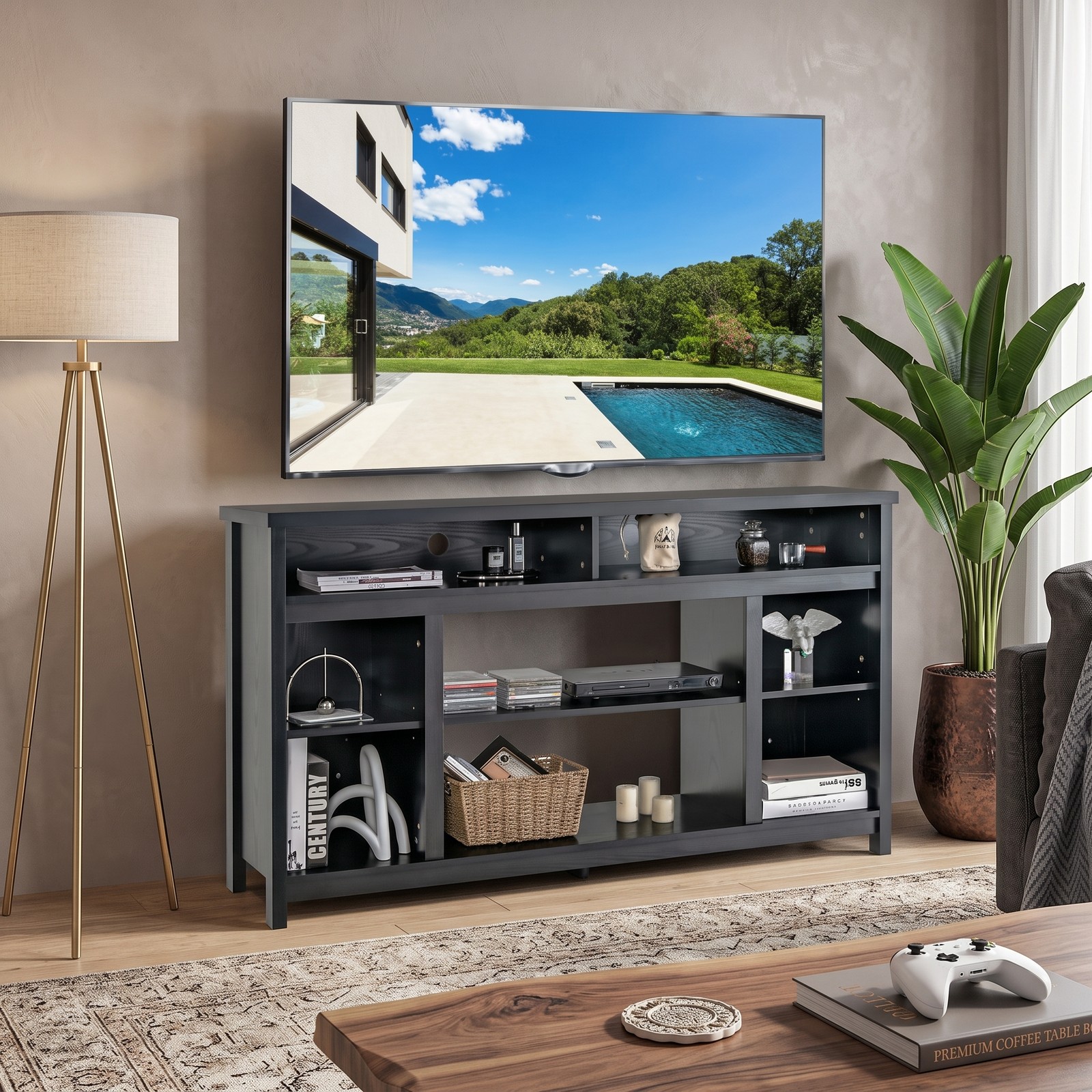 Furnibear 58 Inch TV Stand Entertainment Center Console with Adjustable Open Shelves and Cable Management for TVs up to 65 Inch, Engineered Wood Media Console, Black